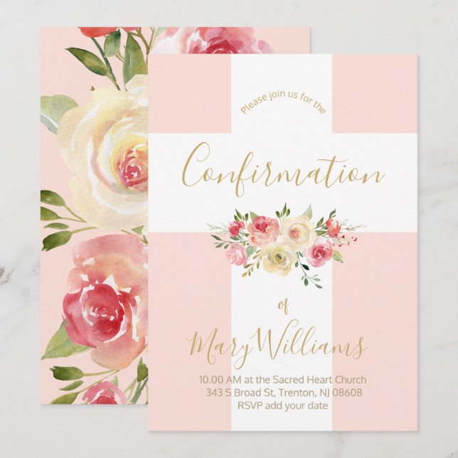 Katholisches Weißkreuz und Blume Bestätigung Einladung (Vorne/Hinten)