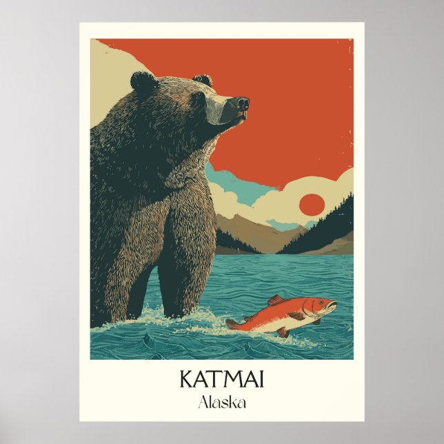 Katmai Alaska Bär fischt Lachse Poster (Vorne)