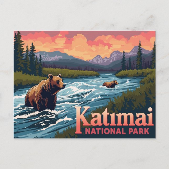 Katmai Bears Fishing River Vintage Art Postkarte (Vorderseite)