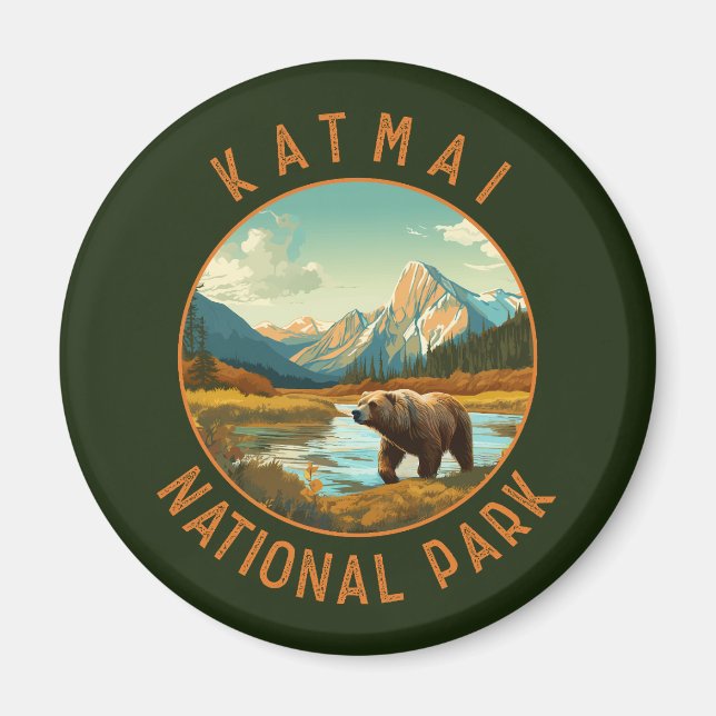 Katmai National Park Bear Retro Distressed Circle Magnet (Vorne)