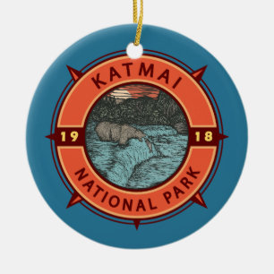 Katmai National Park Grizzly Bear Retro Compass Keramik Ornament