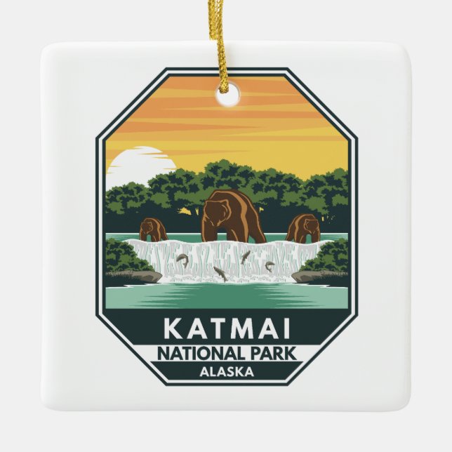 Katmai National Park Grizzly Bears Retro Emblem Keramikornament (Vorderseite)