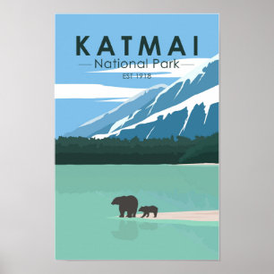 Katmai National Park Grizzly Bears Vintag Poster