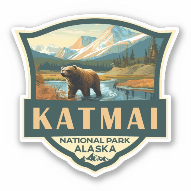 Katmai National Park Illustration Retro Abzeichen Aufkleber (Vorderseite)