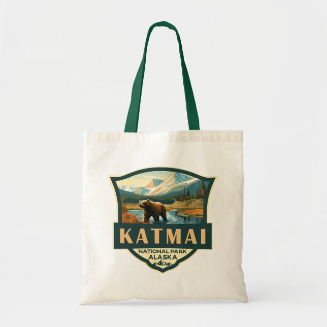Katmai National Park Illustration Retro Abzeichen Tragetasche (Vorne)