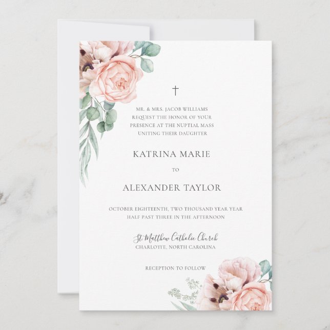 Katrina Boho Watercolor Blume Katholische Hochzeit Einladung (Vorderseite)