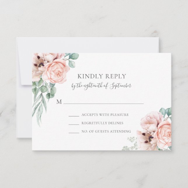 Katrina Pastel Pink Floral Boho Chic RSVP Karte (Vorderseite)
