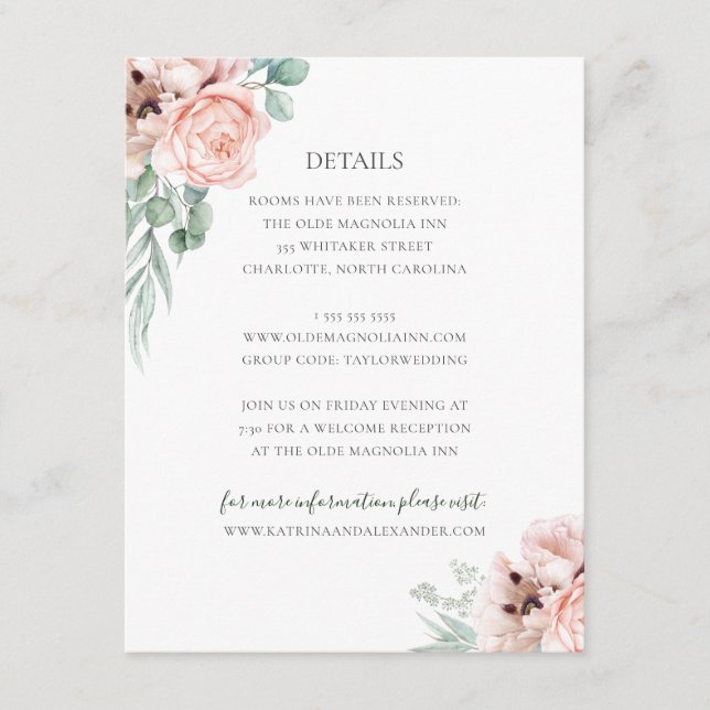 Katrina Pink Floral Wedding Guest Details Begleitkarte (Vorderseite)
