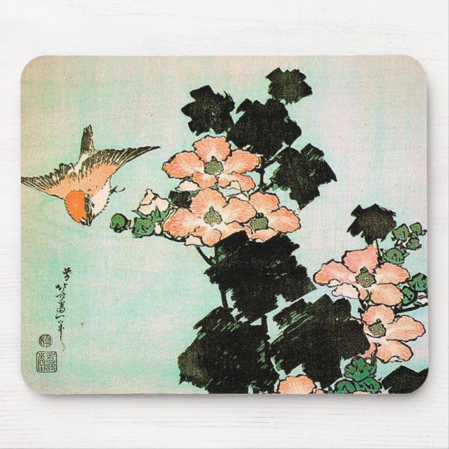 Katsushika Hokusai (葛飾北斎) - Hibiskus und Spatz Mousepad (Vorne)