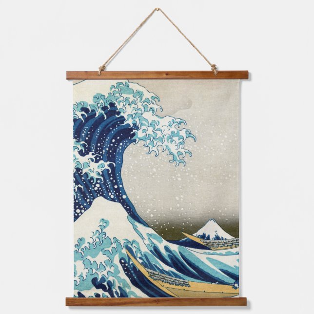 Katsushika Hokusai - Die große Welle vor Kanagawa Wandteppich Mit Holzrahmen (Vorderseite)