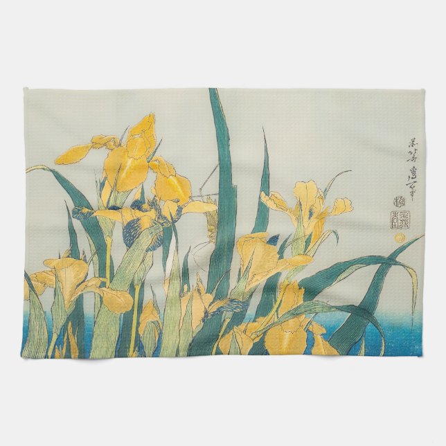 Katsushika Hokusai - Grasshopper und Iris Geschirrtuch (Horizontal)