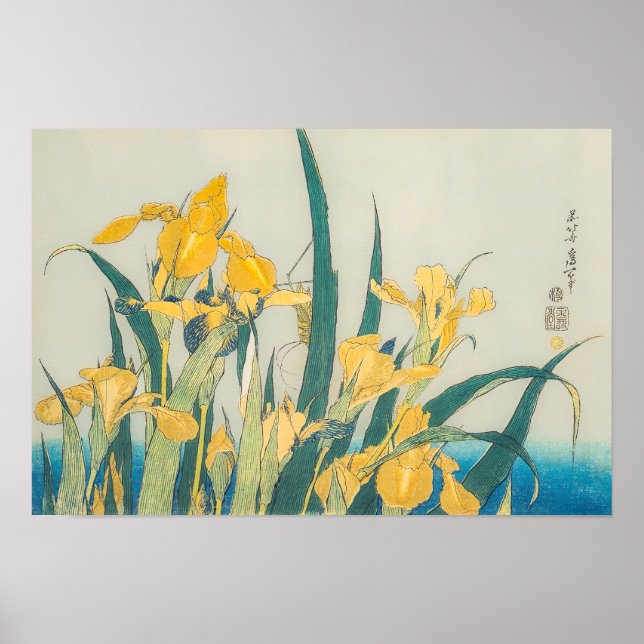Katsushika Hokusai - Grasshopper und Iris Poster (Vorne)