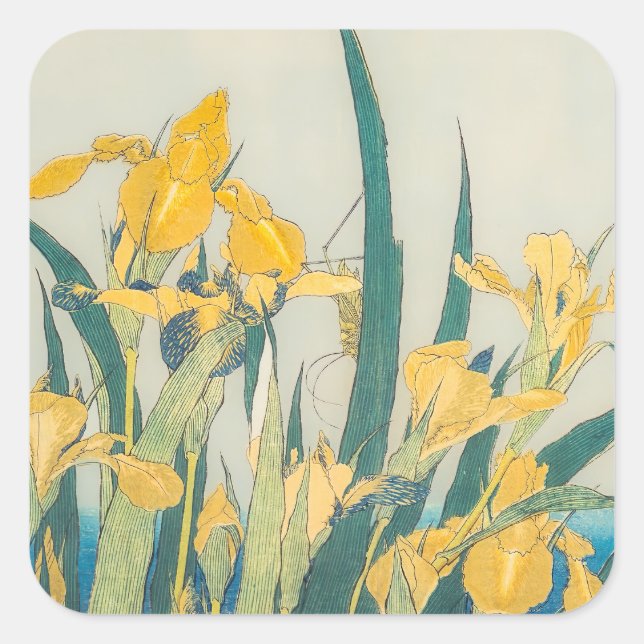 Katsushika Hokusai - Grasshopper und Iris Quadratischer Aufkleber (Vorderseite)