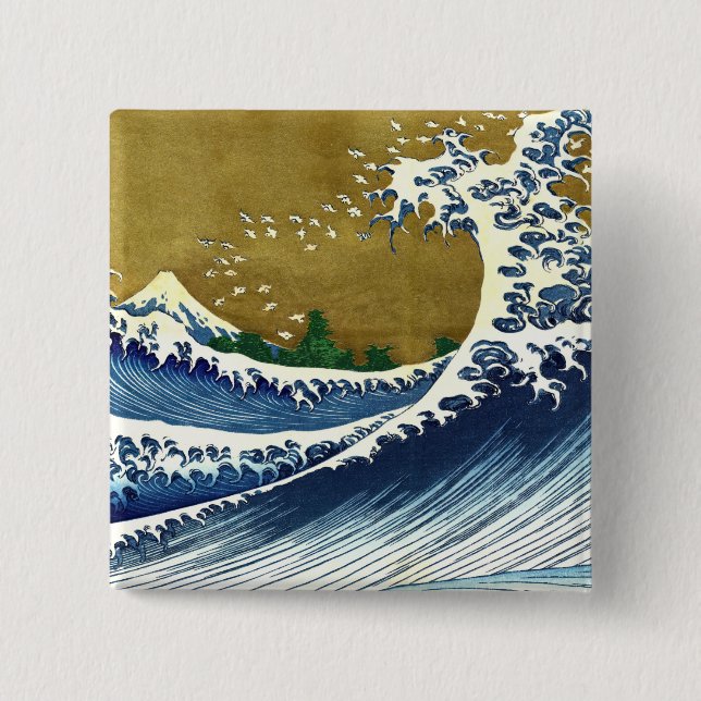 Katsushika Hokusai - Große Farbige Welle Button (Vorderseite)