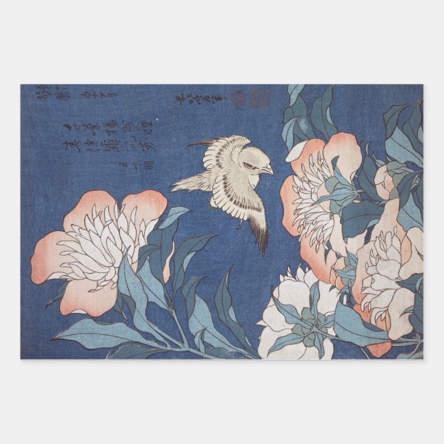 Katsushika Hokusai Peonies and Canary Wrapping Pap Geschenkpapier Set (Vorderseite)