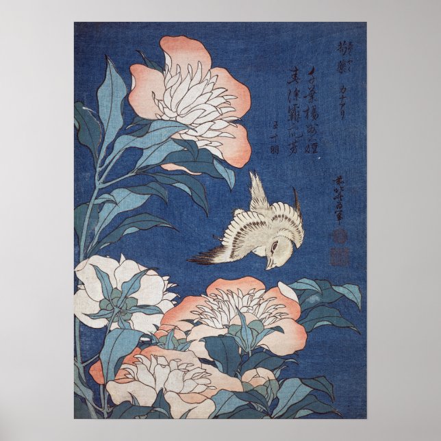 Katsushika Hokusai Peonies und Kanarische Inseln Poster (Vorne)