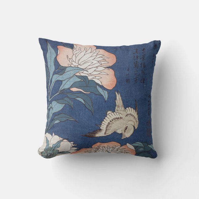 Katsushika Hokusai Pfingstrosen und Kanarienvogel Kissen (Vorderseite)
