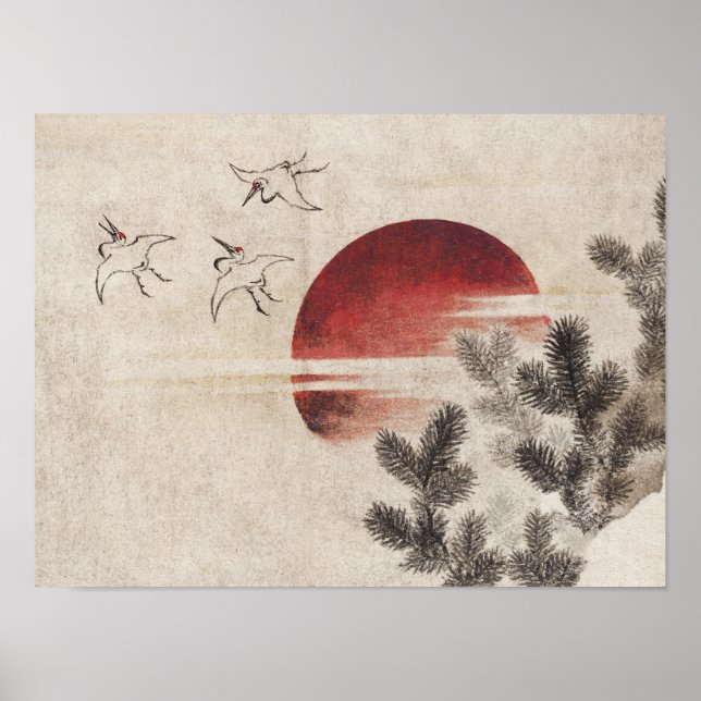 Katsushika Hokusai-Vögel und Sonnenuntergang Poster (Vorne)