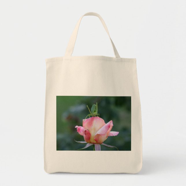 Katydid auf rosa Rosen-Taschen-Tasche Tragetasche (Vorne)