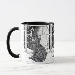 Kätzchen am Fenster Schneeflocken Sternenhimmel Tasse