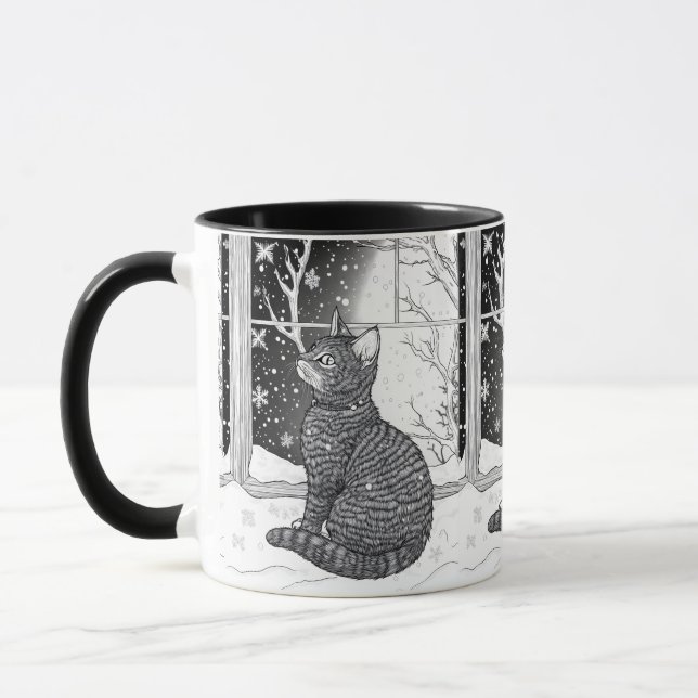 Kätzchen am Fenster Schneeflocken Sternenhimmel Tasse (Links)