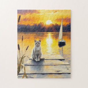 Kätzchen auf dem Steg bei Sonnenuntergang Puzzle