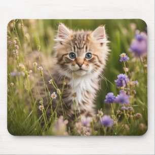 Kätzchen auf einem Feld mit Wildblumen Mousepad