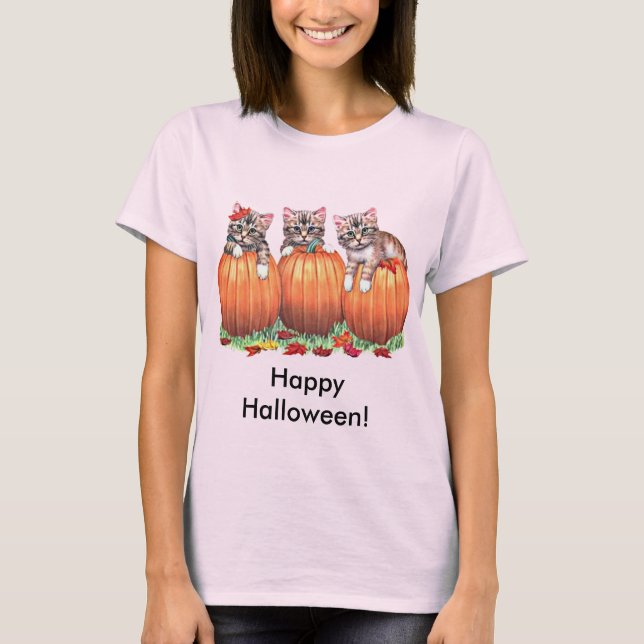 Kätzchen auf Kürbis zu Halloween T-Shirt (Vorderseite)