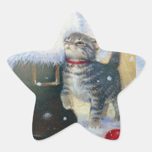 Kätzchen beim Weihnachtsboot Stern-Aufkleber
