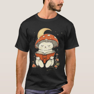 Kätzchen Cottagecore Pilz Katze liest ein Buch T-Shirt
