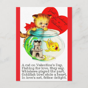Kätzchen & Fischglas Vintage Valentinstag-Postkart Postkarte