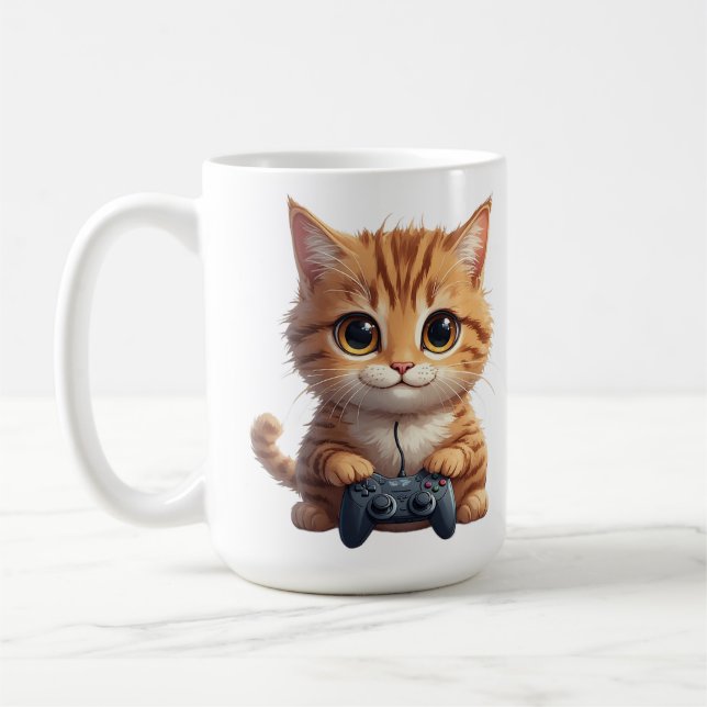 Kätzchen hält Spielcontroller Gamer-Katze Kaffeetasse (Links)
