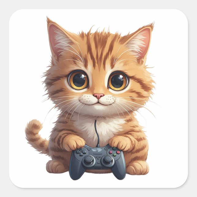 Kätzchen hält Spielcontroller Gamer-Katze Quadratischer Aufkleber (Vorderseite)