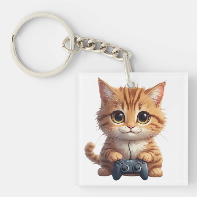 Kätzchen hält Spielcontroller Gamer-Katze Schlüsselanhänger (Vorderseite)