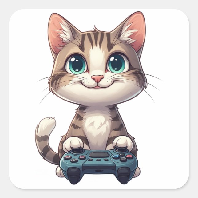 Kätzchen hält Spielcontroller, lächelnde Gamer-Kat Quadratischer Aufkleber (Vorderseite)