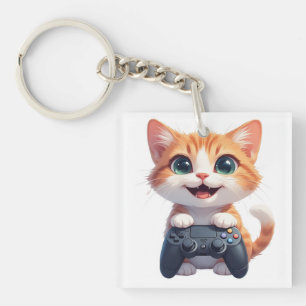 Kätzchen hält Spielcontroller, lächelnde Gamer-Kat Schlüsselanhänger