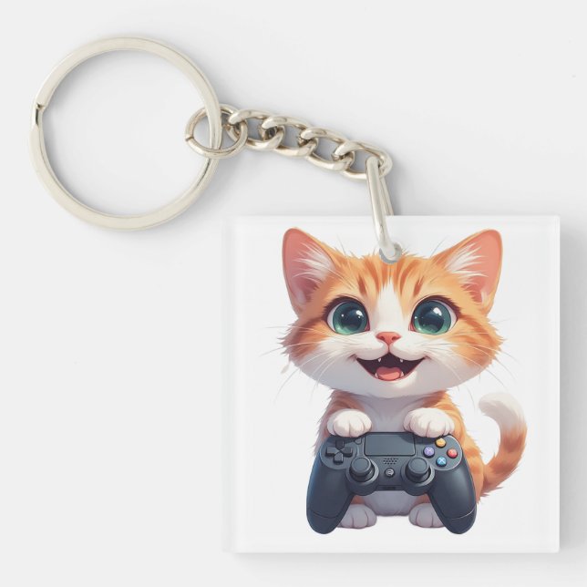 Kätzchen hält Spielcontroller, lächelnde Gamer-Kat Schlüsselanhänger (Vorderseite)
