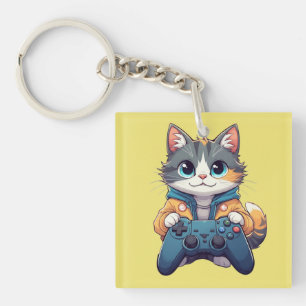 Kätzchen hält Spielcontroller, lächelnde Gamer-Kat Schlüsselanhänger