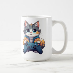Kätzchen hält Spielcontroller, lächelnder Gamer-Ka Kaffeetasse