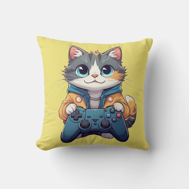 Kätzchen hält Spielcontroller, lächelnder Gamer-Ka Kissen (Vorderseite)