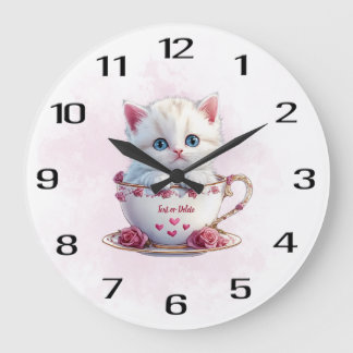 Kätzchen im Cup Pink Blume Uhr Wall Clock