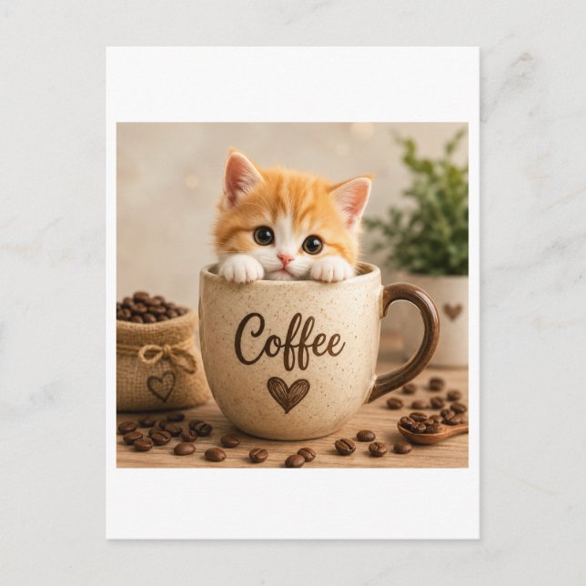 Kätzchen im Kaffeetassen-Anhänger Postkarte (Vorderseite)