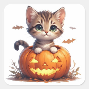 Kätzchen in einem Kürbis Halloween 🎃 Quadratischer Aufkleber