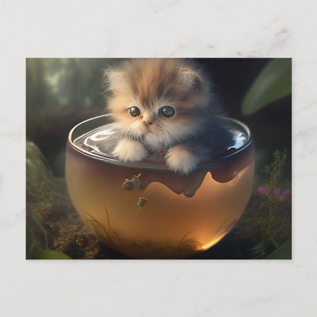 Kätzchen in einem orangefarbenen Teacup - Katzenpo Postkarte (Vorderseite)