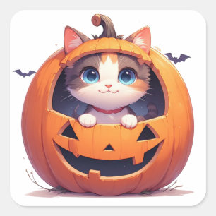 Kätzchen in einer Kürbislaterne Halloween-Spaß 🎃 Quadratischer Aufkleber
