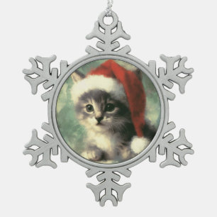 Kätzchen in einer Schneeflocke mit Weihnachtsmannm Schneeflocken Zinn-Ornament