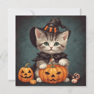 Kätzchen in Halloween-Kostüm und Kürbislaterne Karte