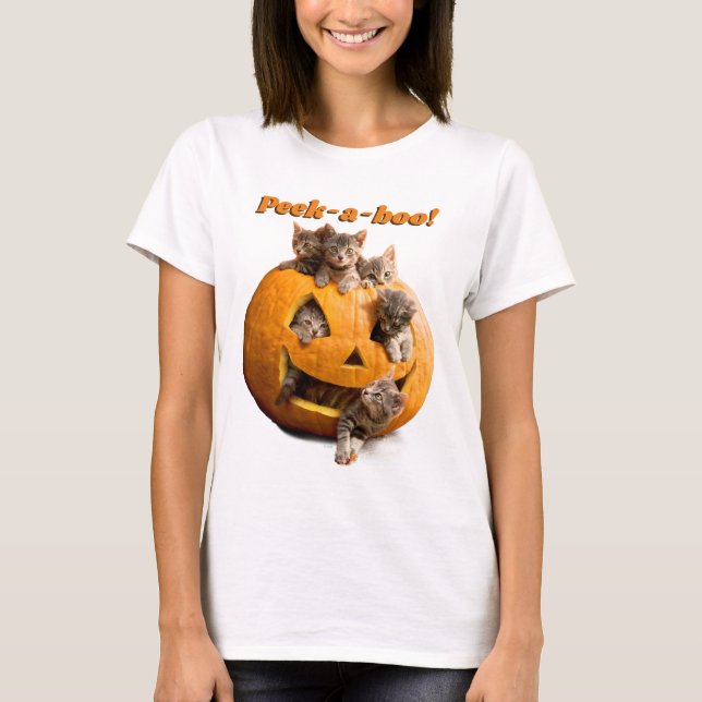 Kätzchen in Jack-o-Lantern T-Shirt (Vorderseite)