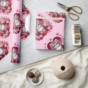 Kätzchen in Schachtel mit Blume und Geschenken Geschenkpapier