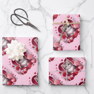 Kätzchen in Schachtel mit Blume und Geschenken Geschenkpapier Set